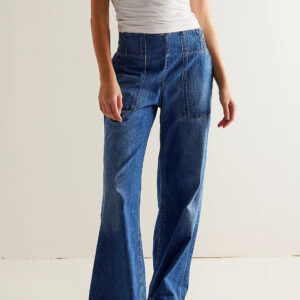 Elastic Waist Mid Rise Ruched Loose Wide Leg Jeans