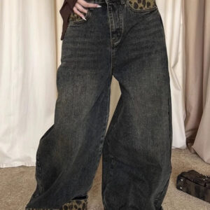 Patchwork Vintage Leopard Cuffed Wide Leg Jeans