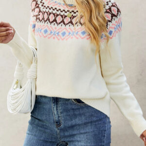 Jacquard Crew Neck Knit Pullover Sweater